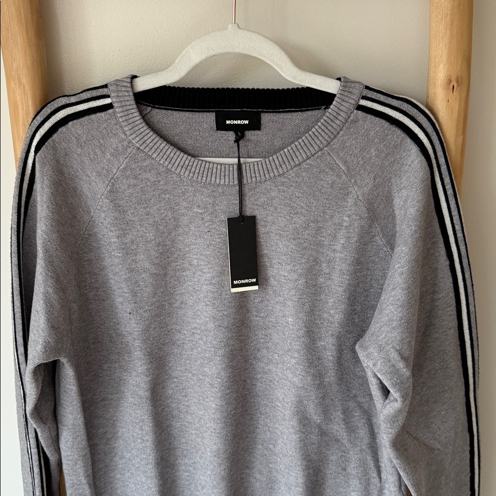 NEW Monrow Set Soft Knit Cozy Gray Luxury Lounge Jogger Sweater Sporty Stripe L - Picture 8 of 16